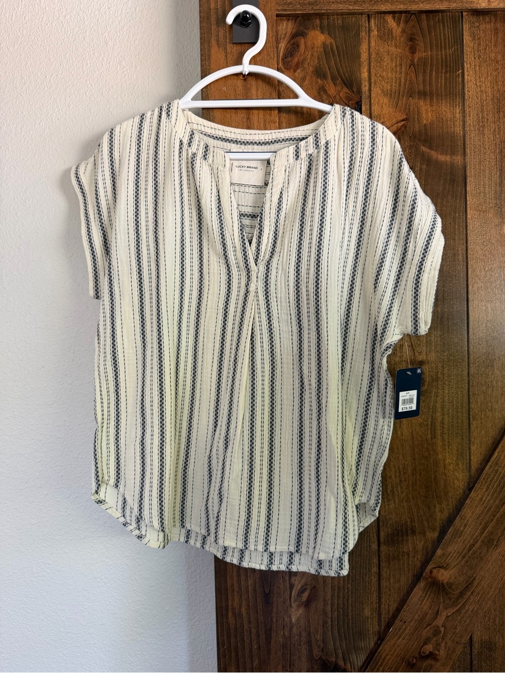 Lucky Brand Cream & Navy Striped Split-Neck Blouse